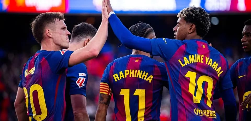 Barcelona players celebrating during La Liga match
