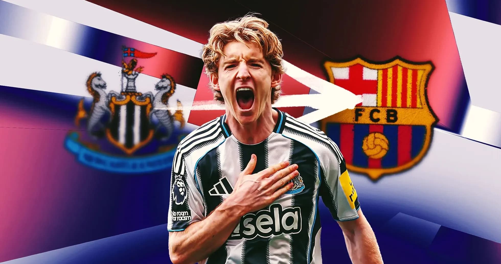 Player celebrating with Newcastle and Barcelona logos in background