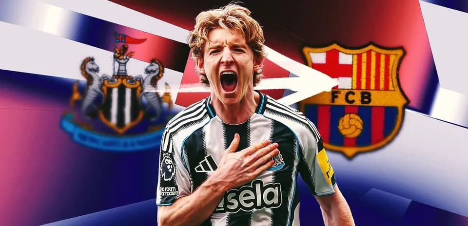 Player celebrating with Newcastle and Barcelona logos in background