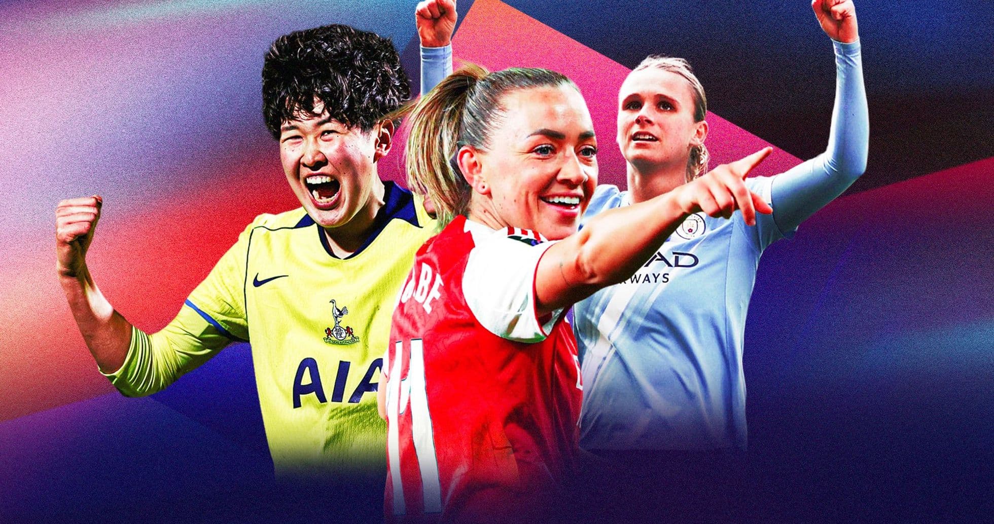 Three female football players celebrating with raised fists