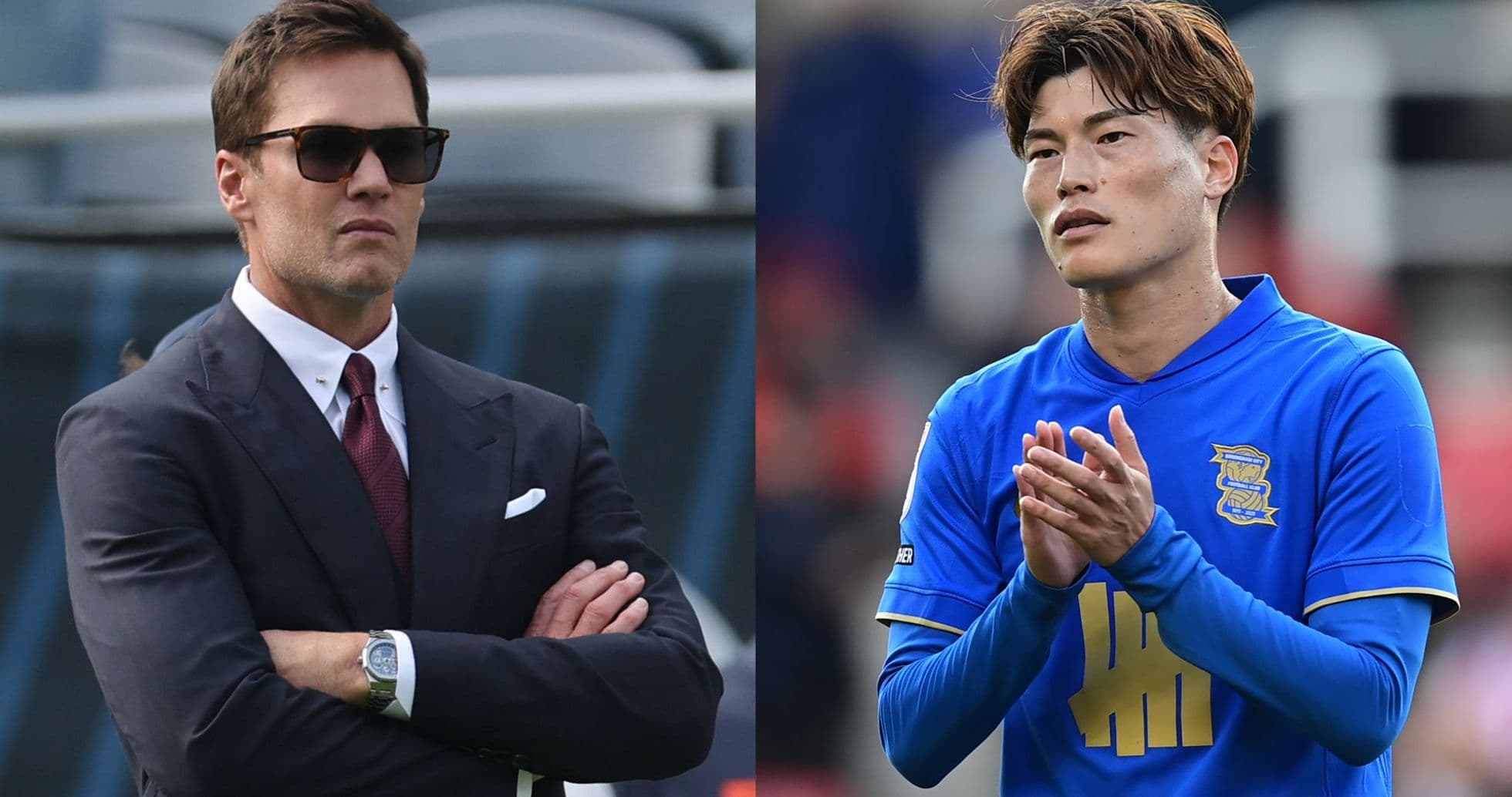 Tom Brady in a suit and a soccer player clapping