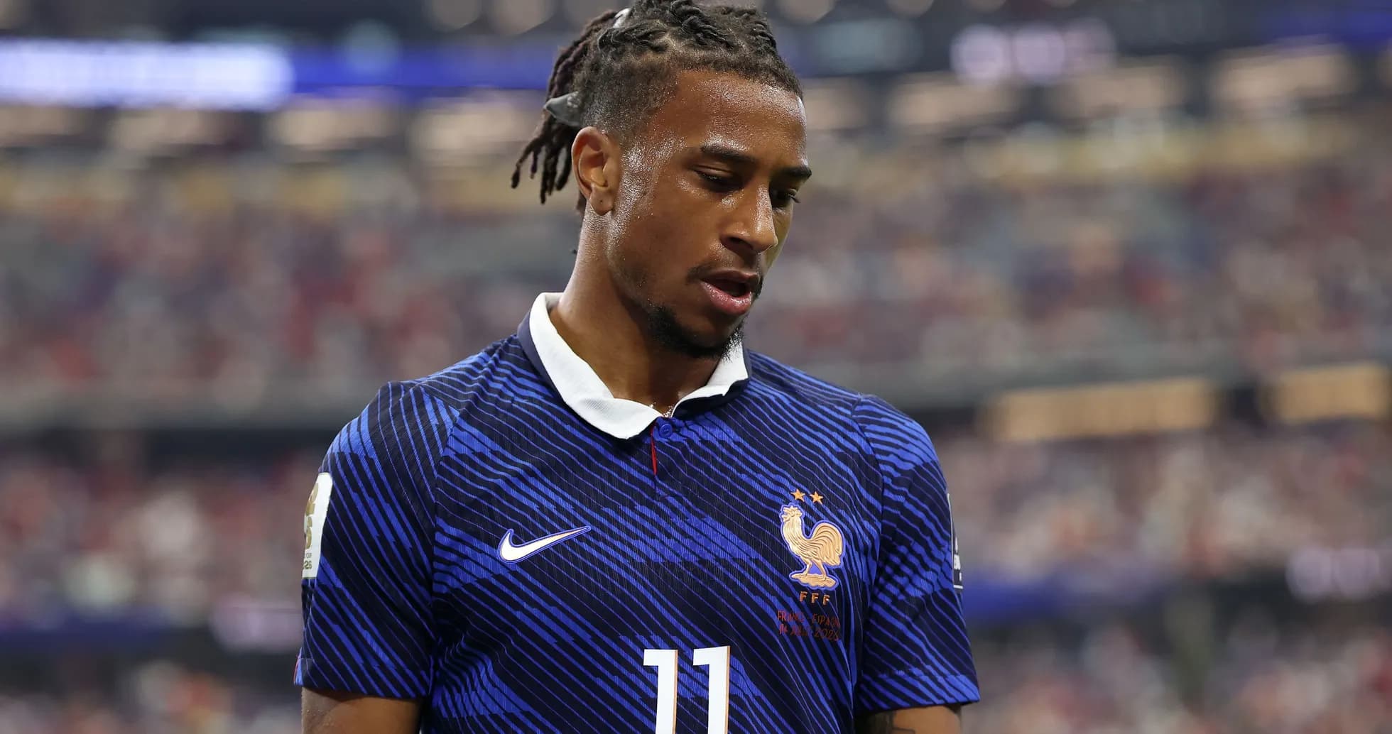 Player in France jersey during match on field