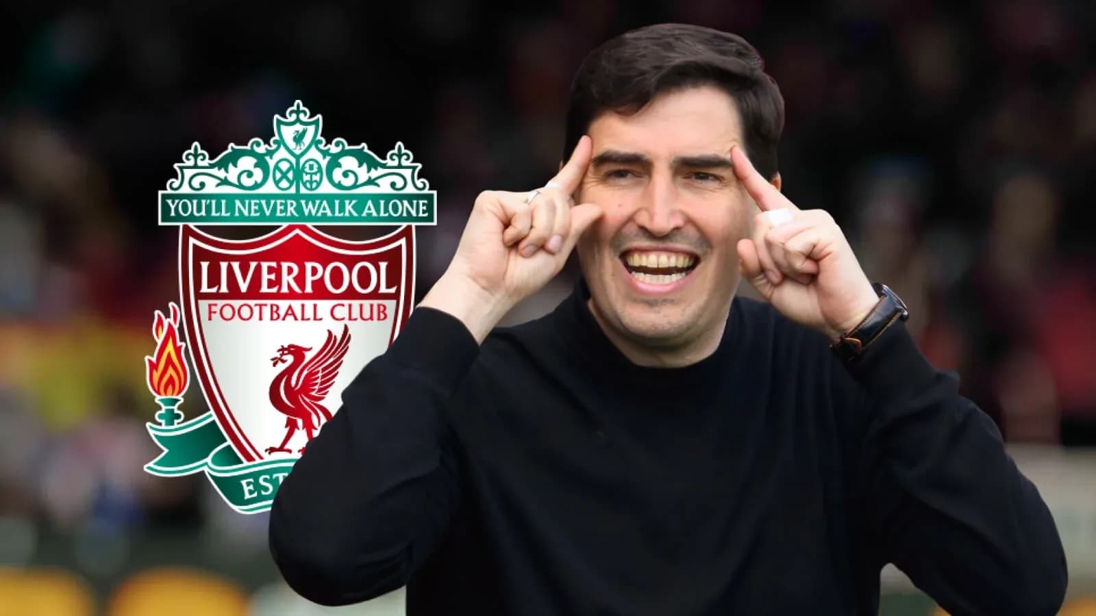 Coach gesturing during Liverpool FC branding backdrop