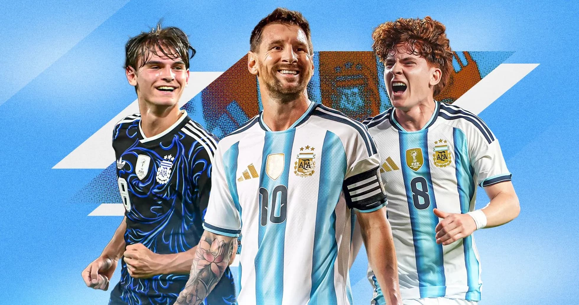 Three Argentine football players celebrating together