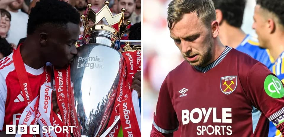 Player celebrating with Premier League trophy, another looking dejected