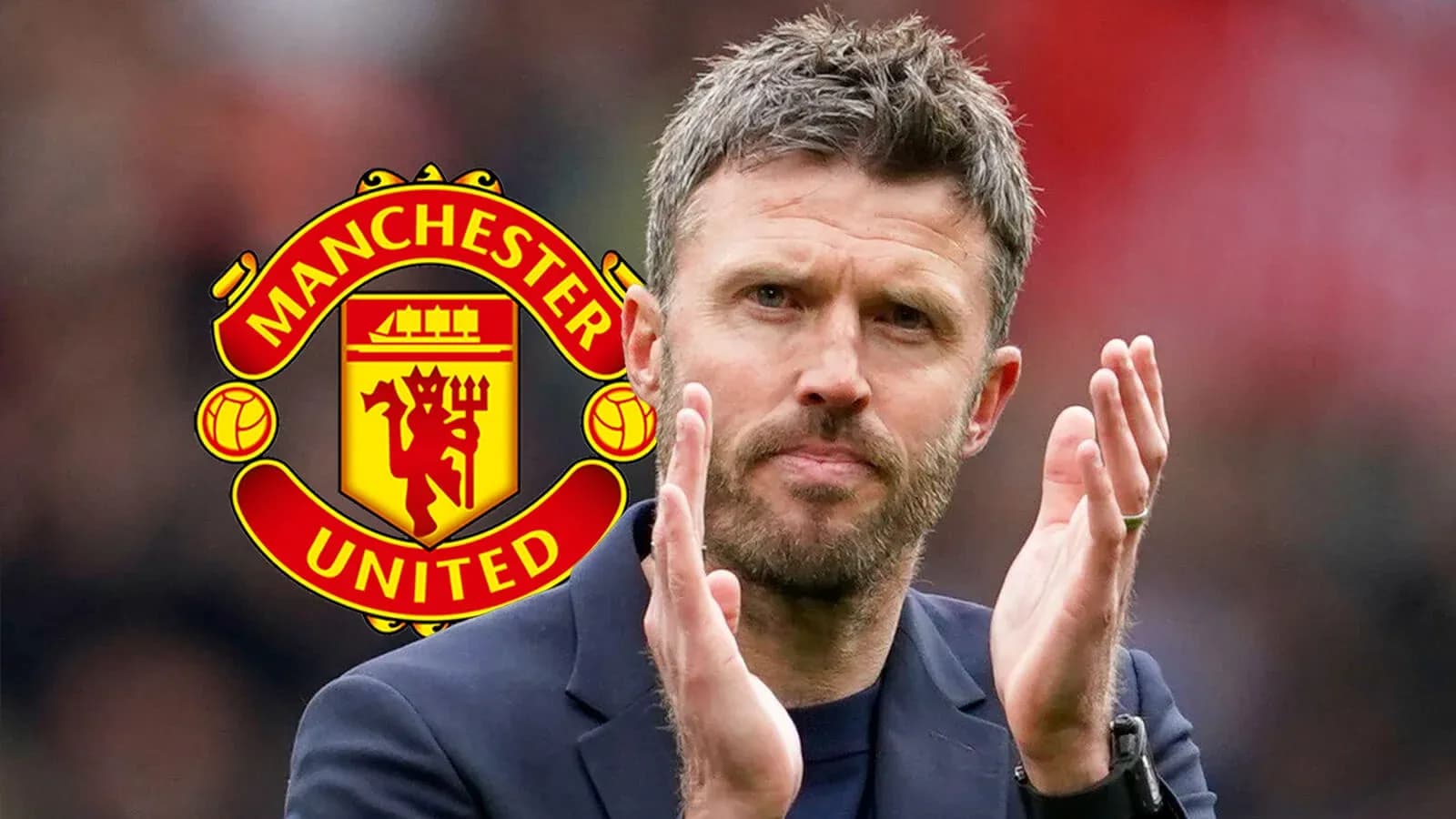 Manager applauding with Manchester United logo in background