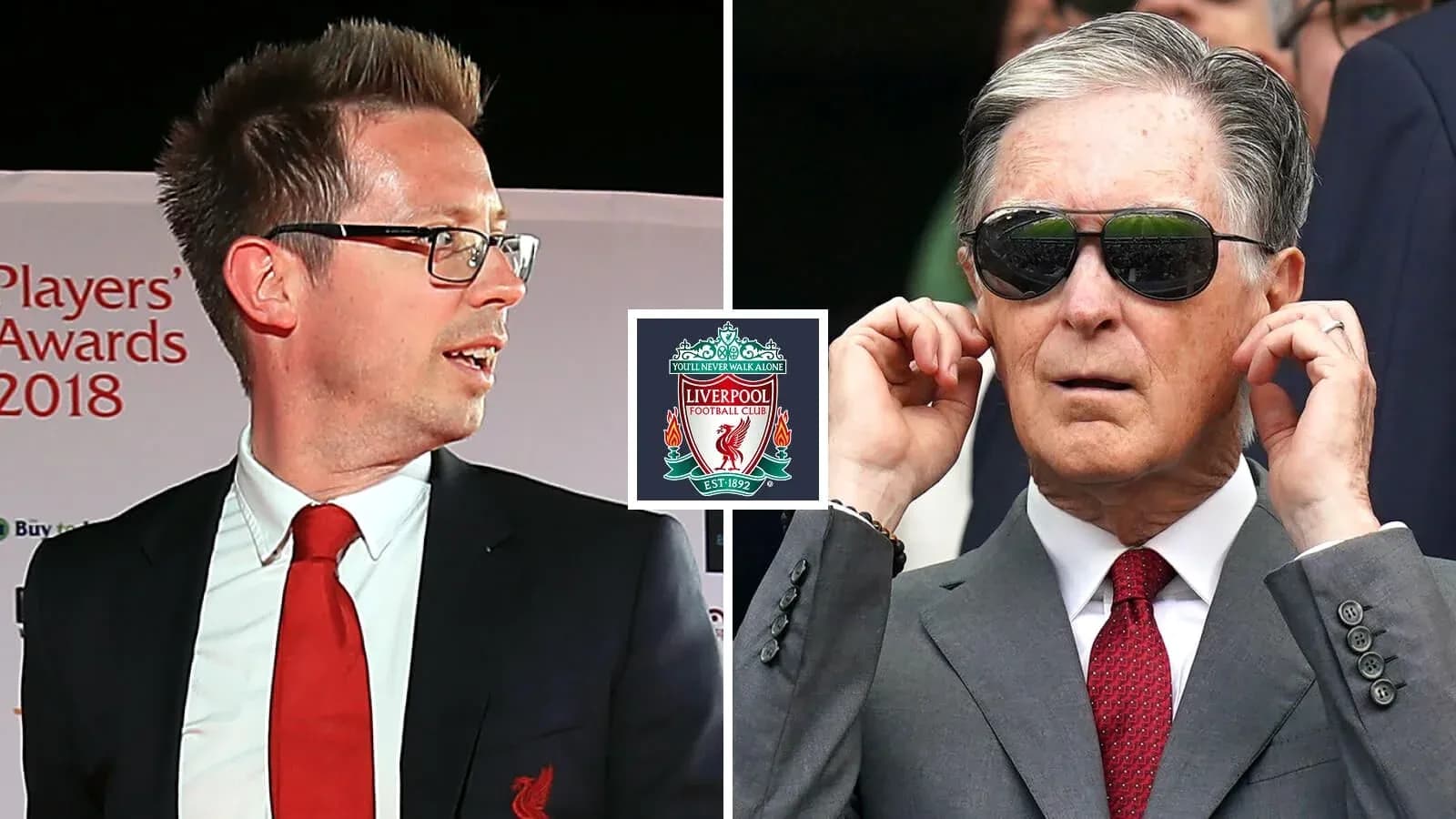 Two men at Liverpool FC event with club logo