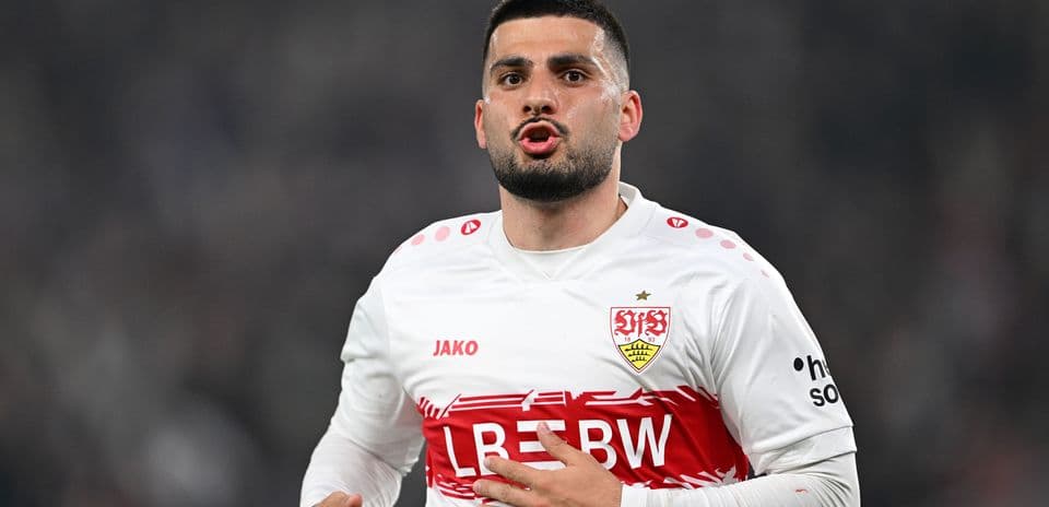 Player gesturing during match in Stuttgart jersey