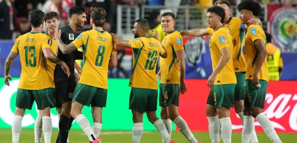 Australian players celebrating during World Cup match