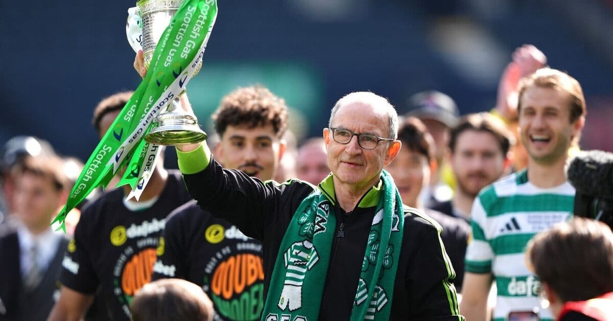 Manager holding trophy with celebrating team members