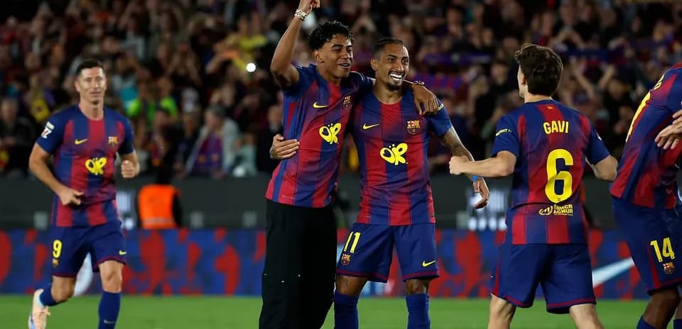 Barcelona players celebrating a goal in La Liga