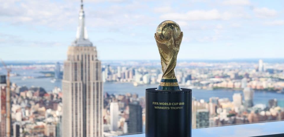 FIFA World Cup trophy with skyline background