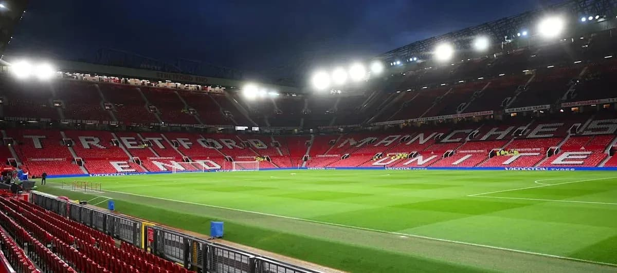Empty stadium with Manchester United signage and pitch