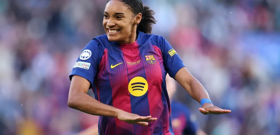Barcelona player celebrating after scoring a goal