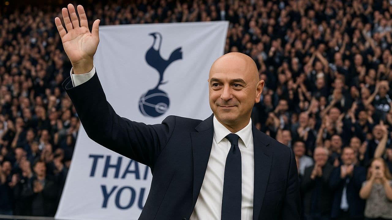 Executive waving at fans in stadium with banner