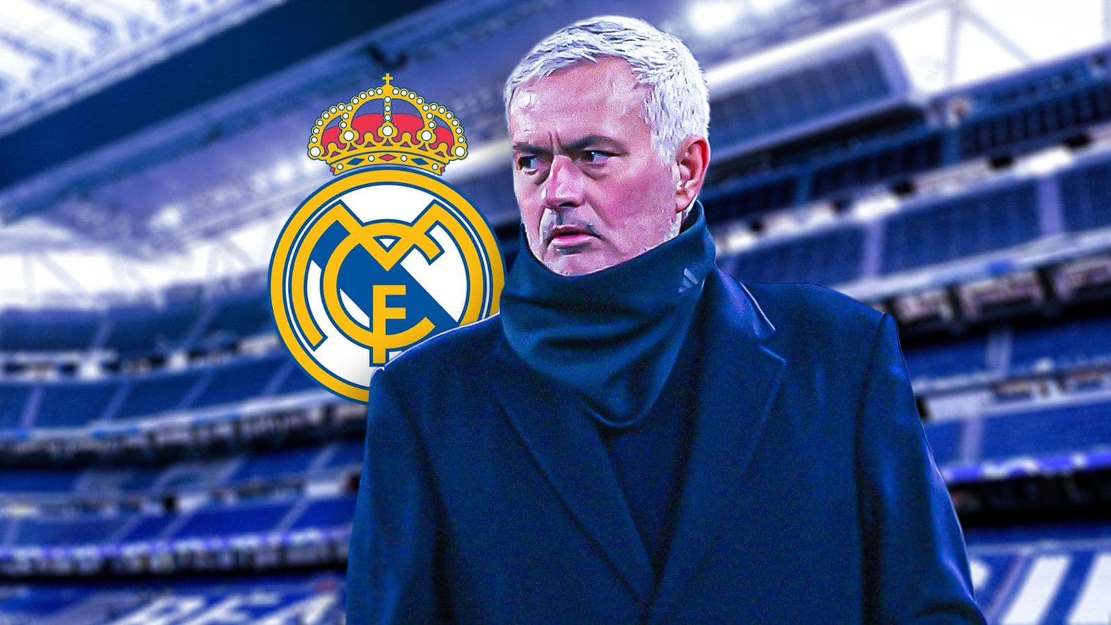 Manager in front of Real Madrid logo at stadium
