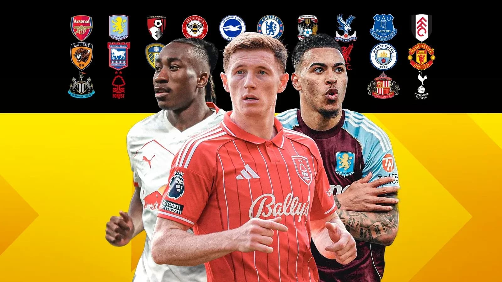 Three football players with club logos in background