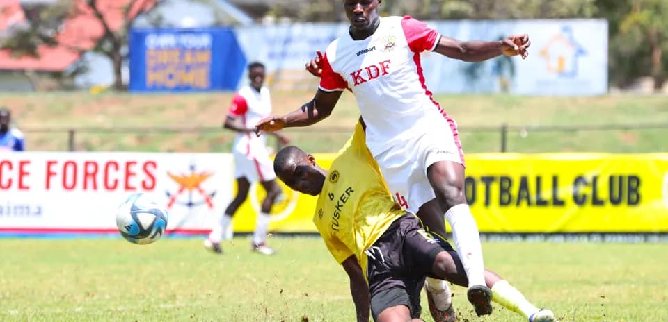 Ulinzi Stars player tackling Tusker opponent