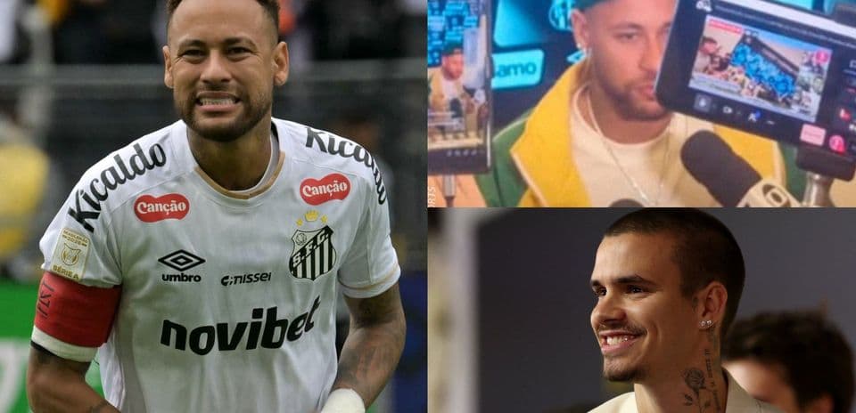 Neymar in Santos jersey during match and press event