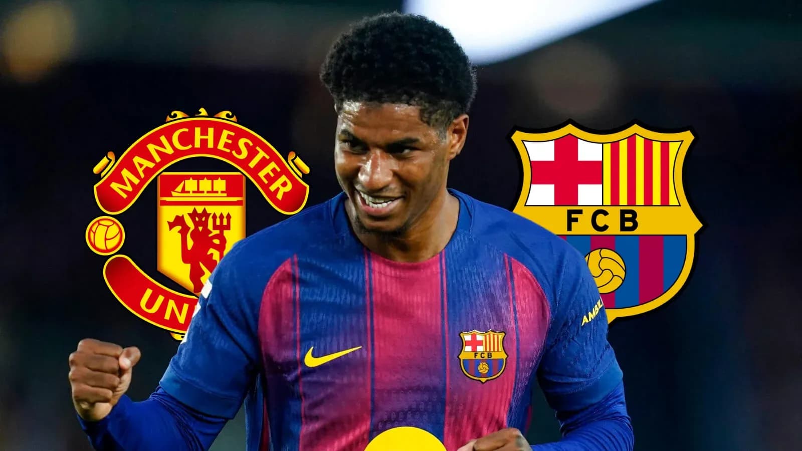 Player celebrating with Manchester United and Barcelona logos