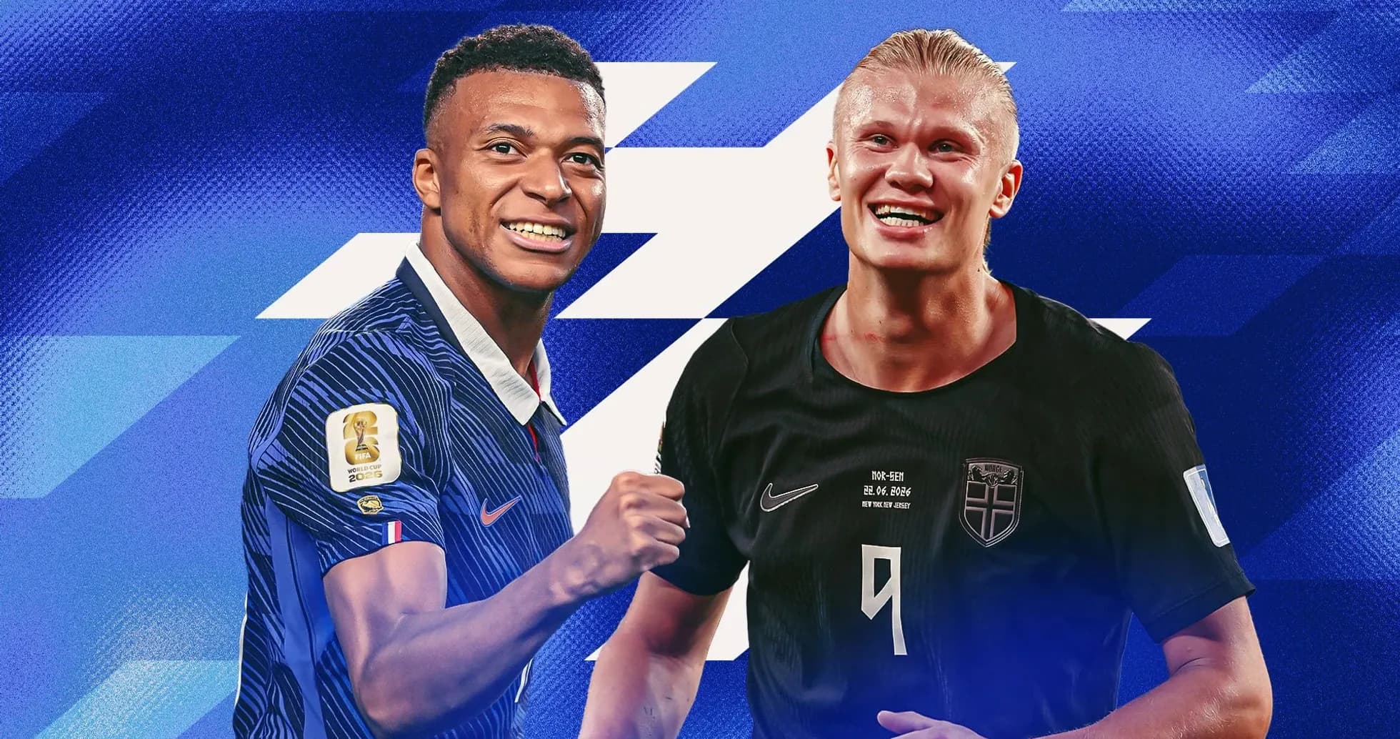 Mbappé and Haaland celebrating in football jerseys