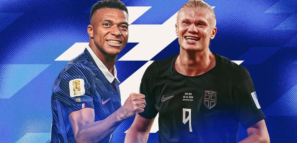 Mbappé and Haaland celebrating in football jerseys