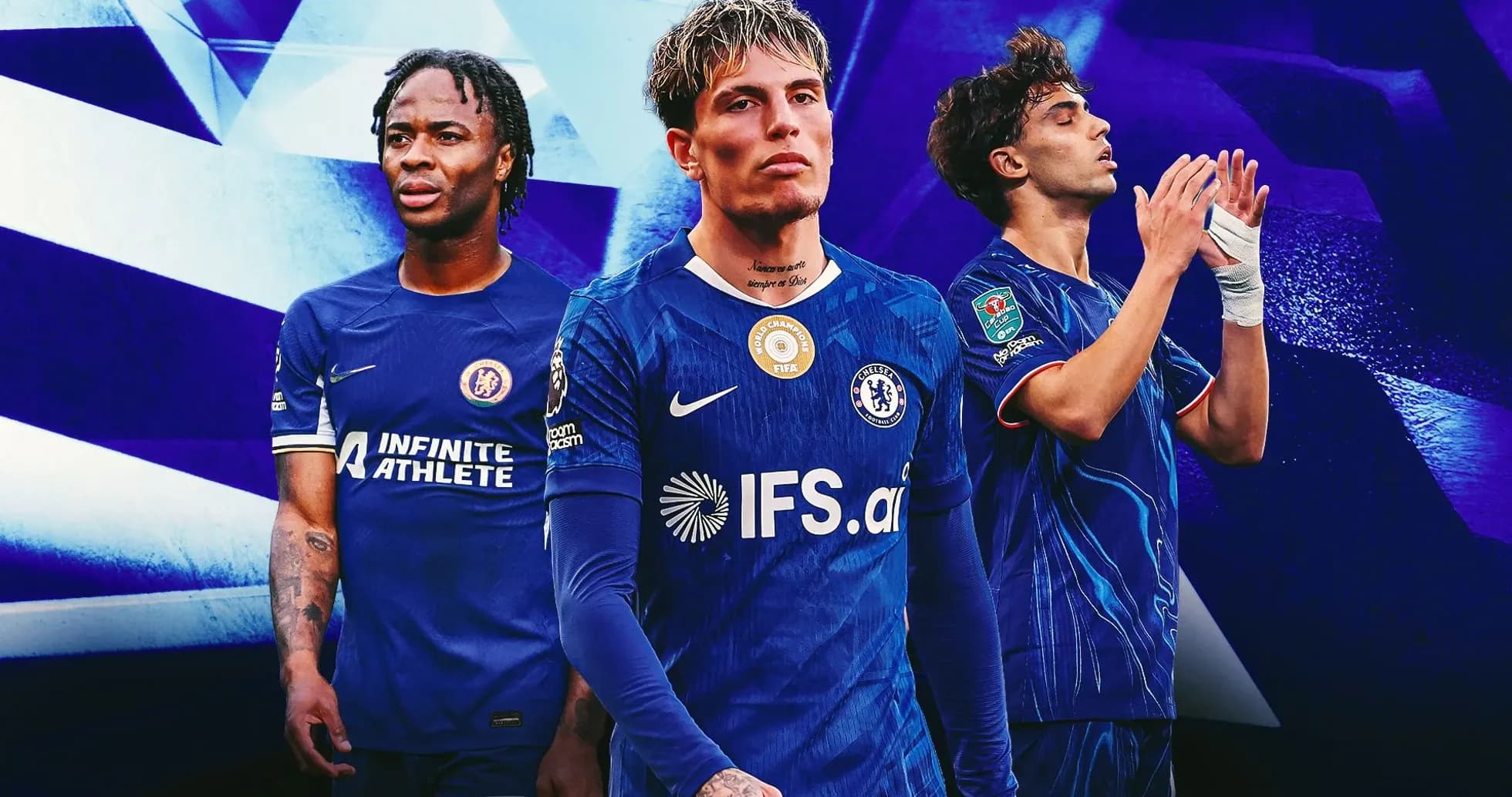 Three Chelsea players posing in blue kits