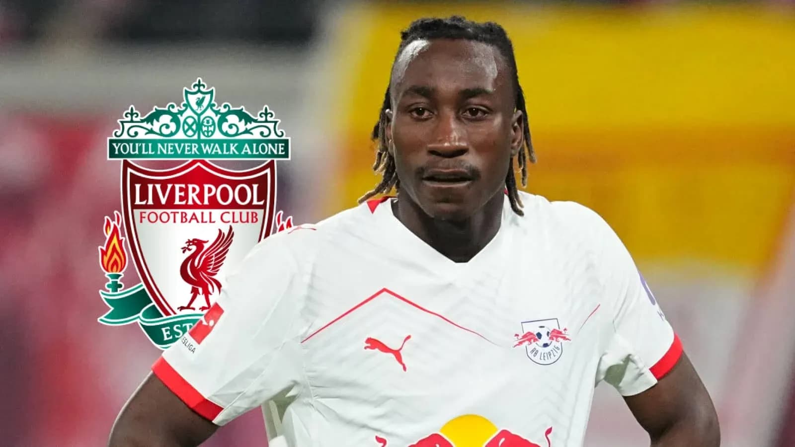 Player in RB Leipzig kit with Liverpool logo background