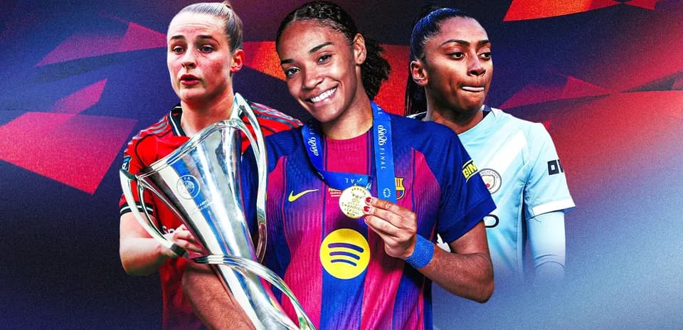 Three female football players with a trophy and medals