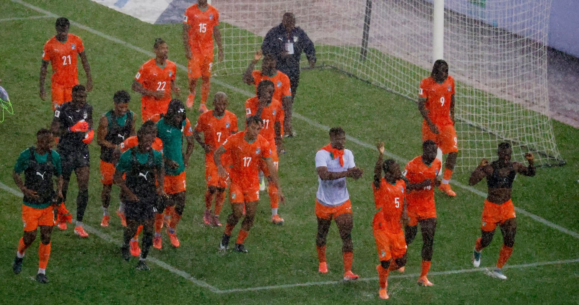 Ivory Coast players celebrating after a match