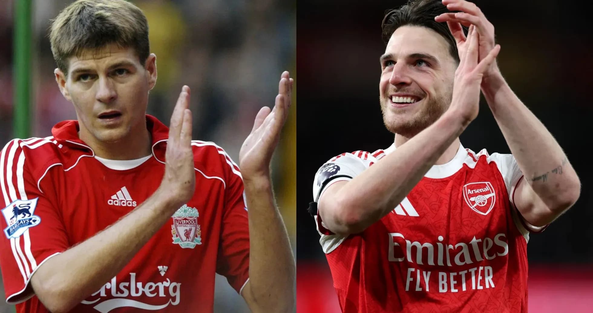 Two football players applauding fans in team jerseys