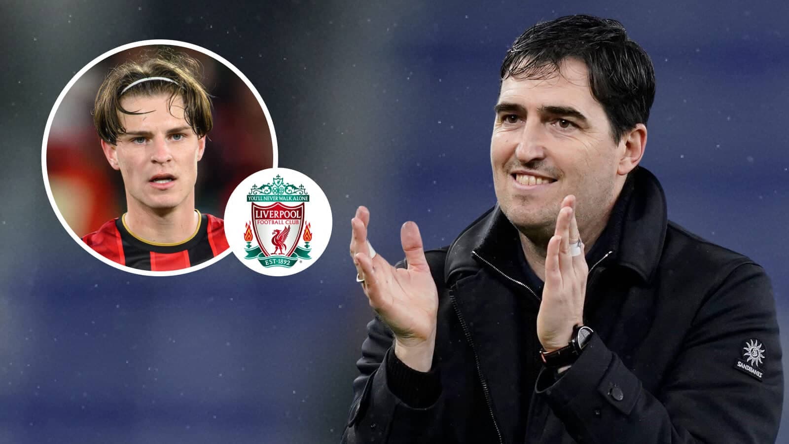 Manager applauding with player and Liverpool logo in background