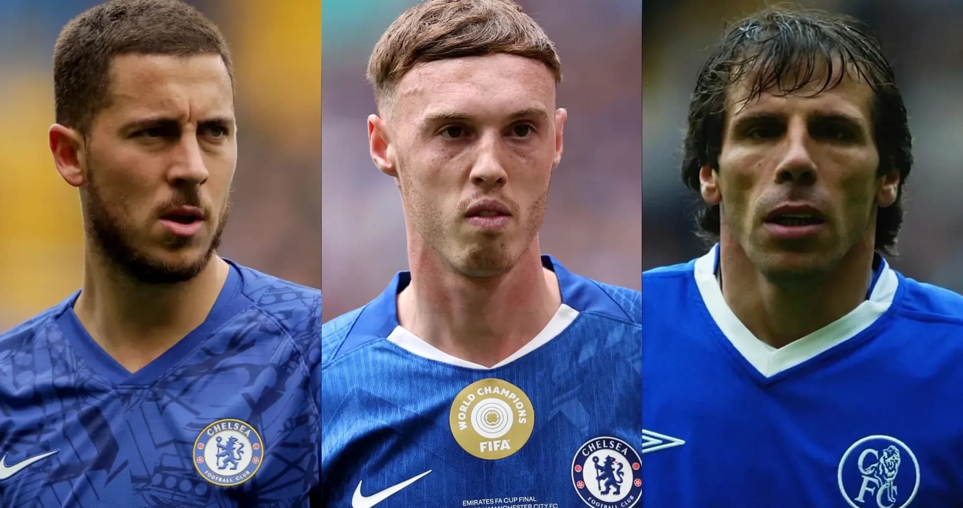 Three Chelsea players in blue kits posing for photo Three Chelsea players in blue kits posing for photo