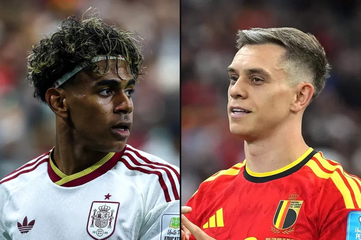 Two football players from Spain and Belgium in jerseys Two football players from Spain and Belgium in jerseys