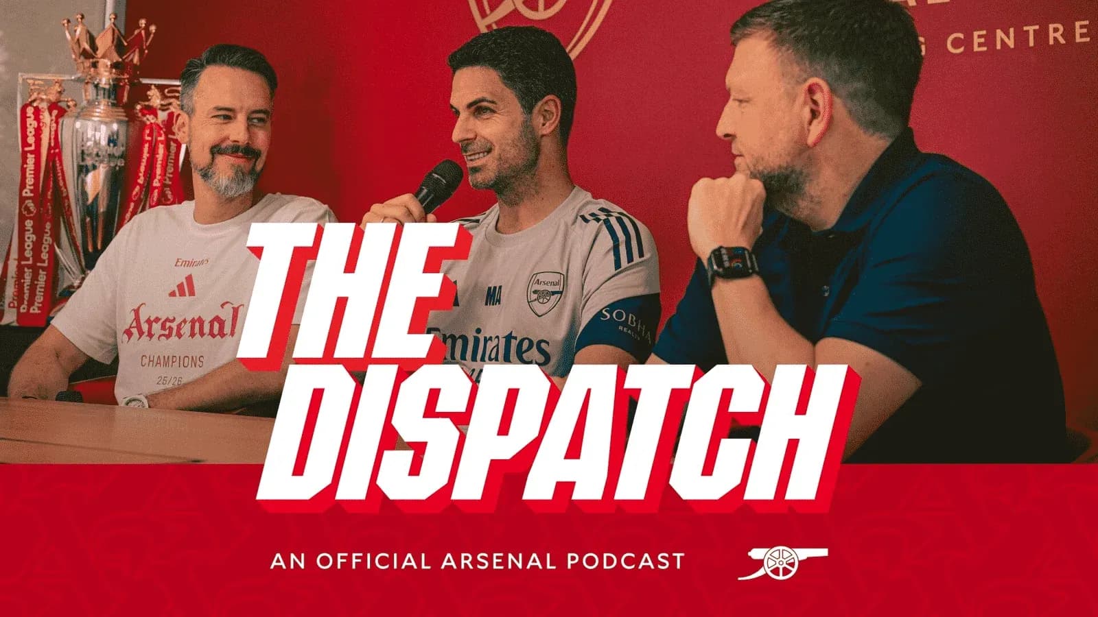 Three men discussing on Arsenal podcast set Three men discussing on Arsenal podcast set