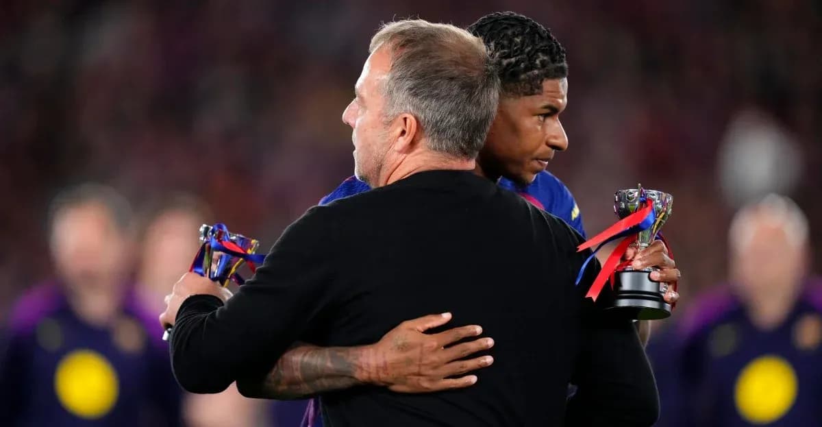 Coach and player embracing with awards in hand Coach and player embracing with awards in hand