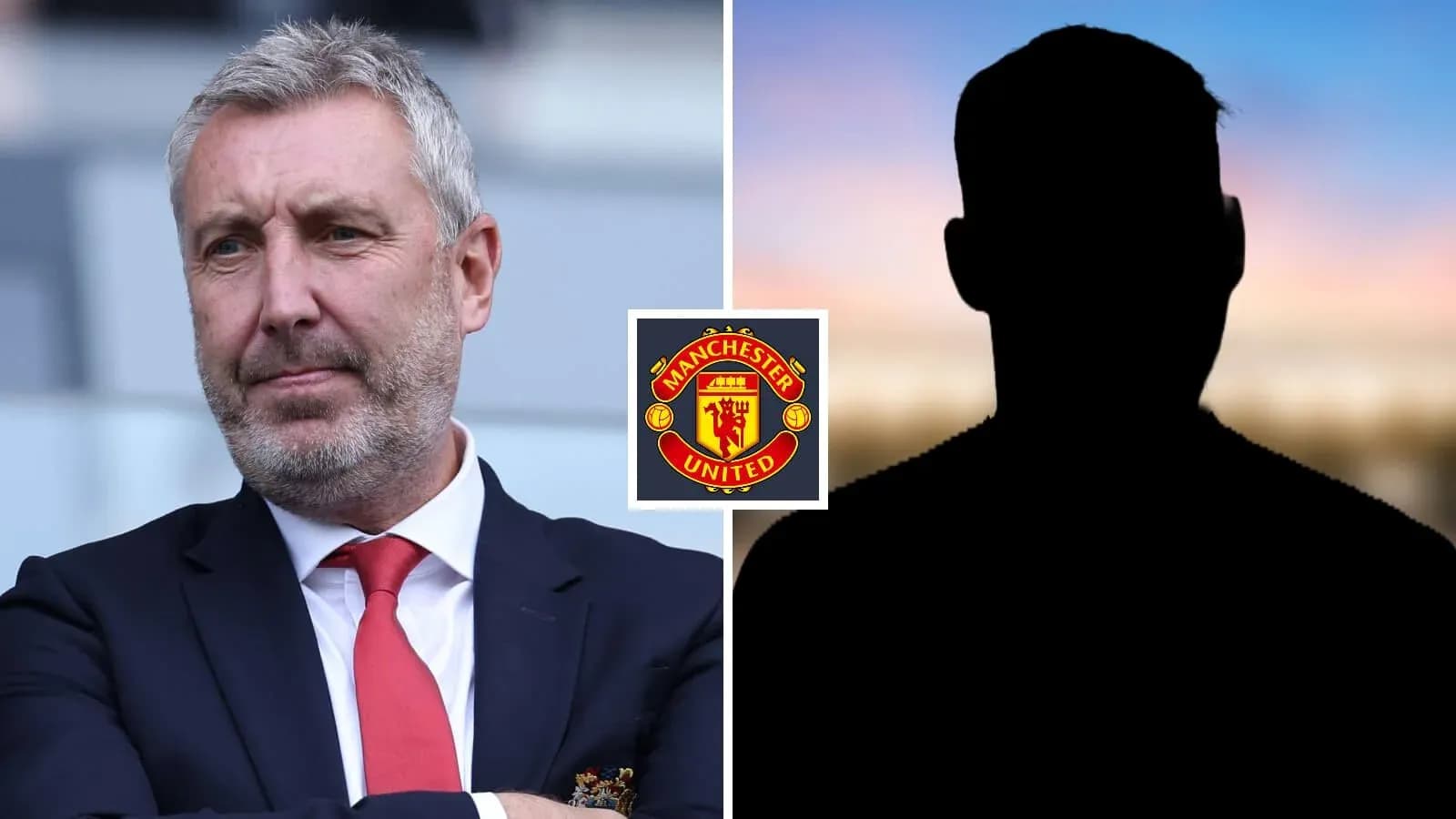Manager in suit with Manchester United logo background Manager in suit with Manchester United logo background