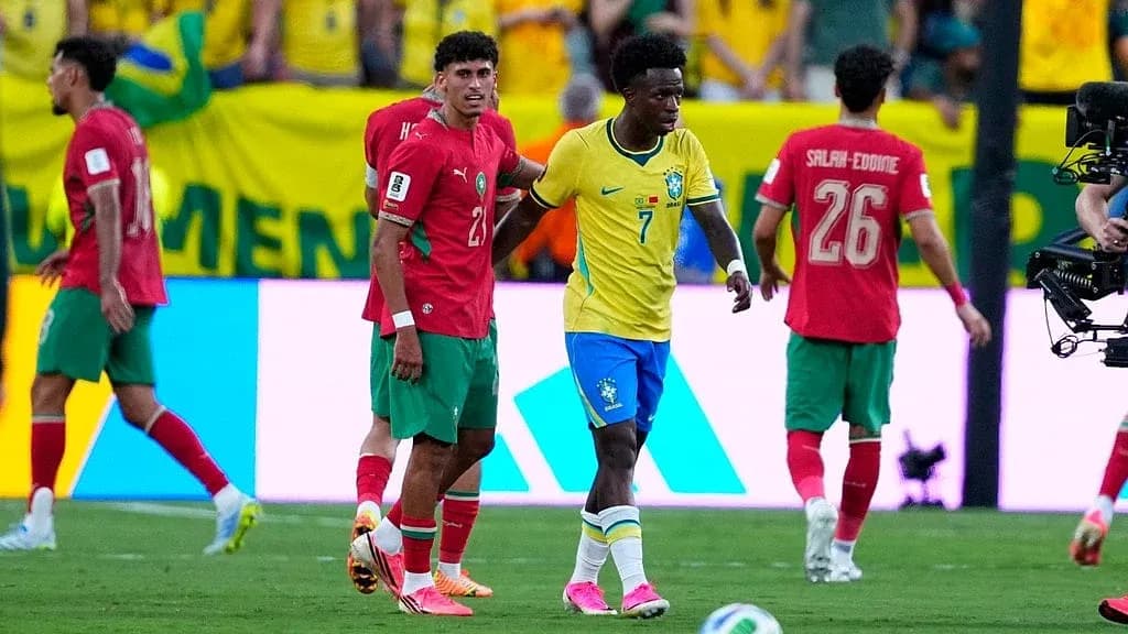 Players from Brazil and Morocco during match Players from Brazil and Morocco during match