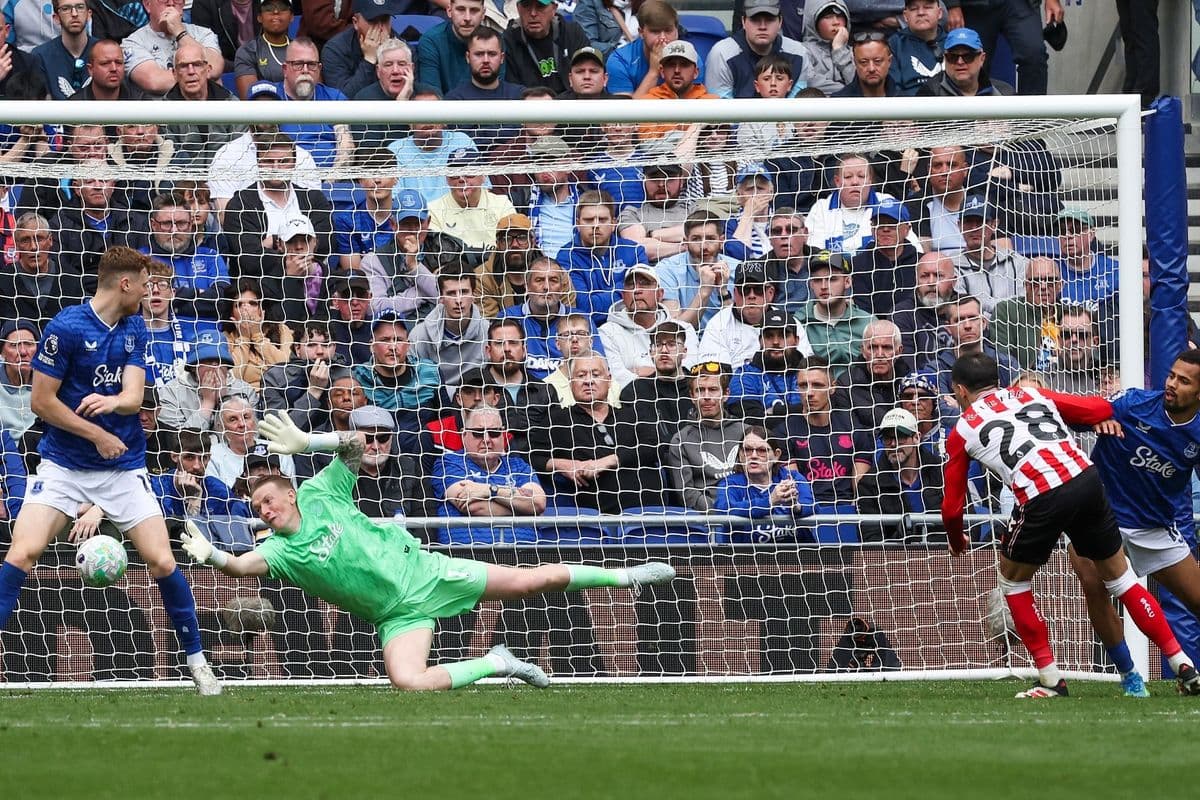 Goalkeeper saves penalty during Everton match Goalkeeper saves penalty during Everton match