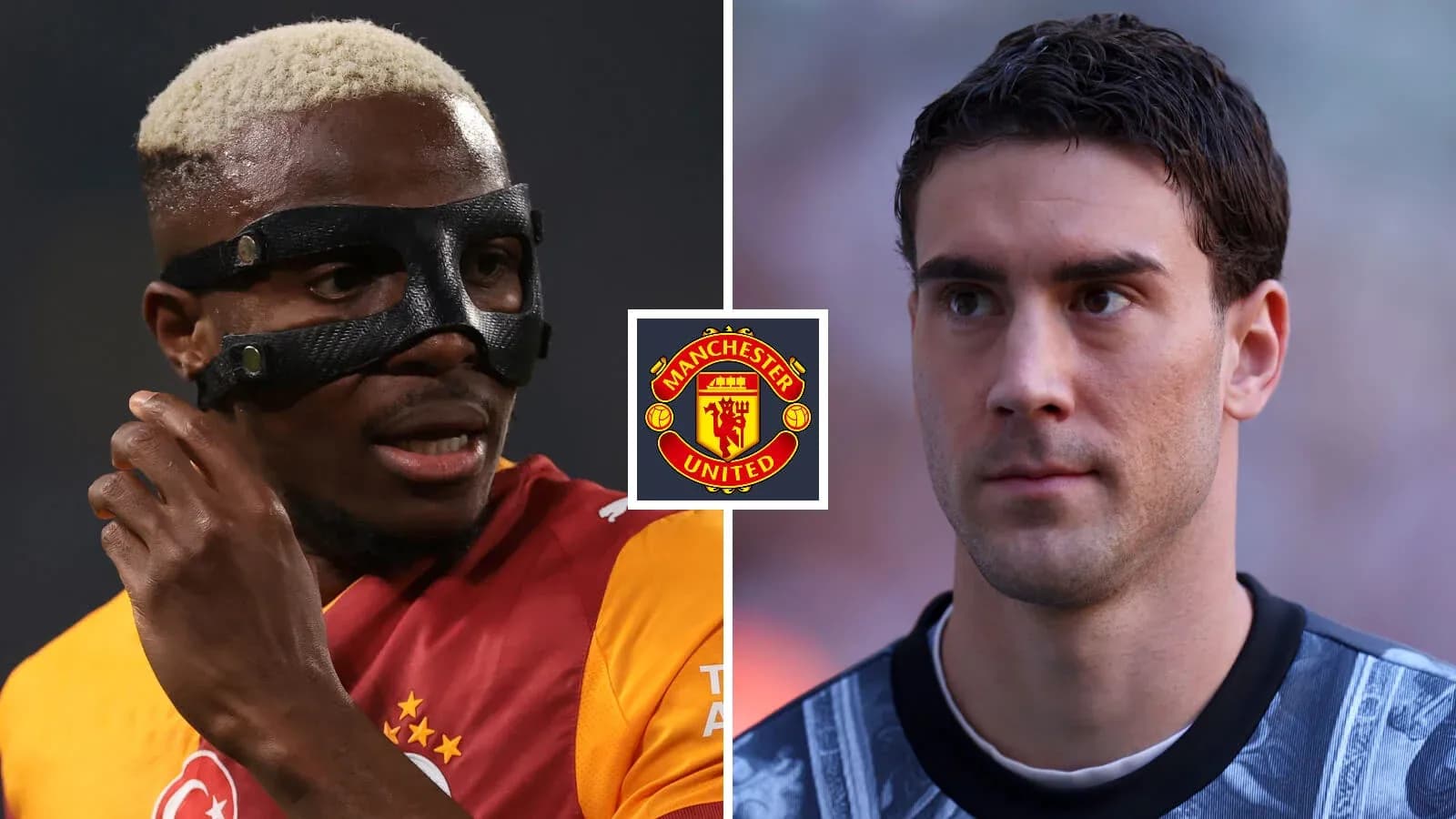 Two football players with Manchester United logo between them Two football players with Manchester United logo between them