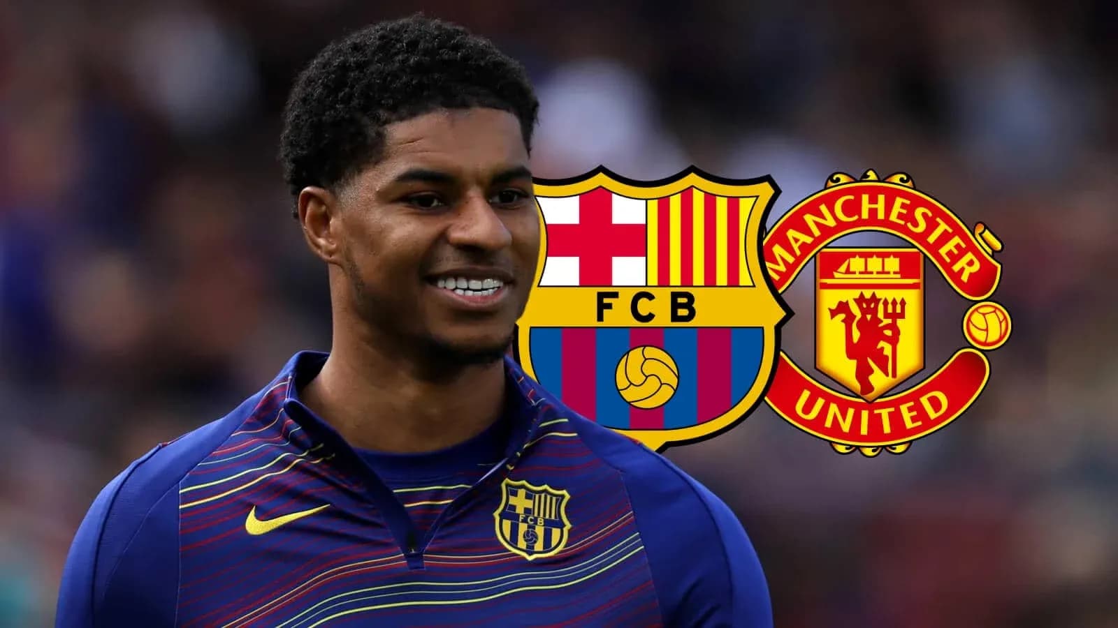 Player smiling with FC Barcelona and Manchester United logos Player smiling with FC Barcelona and Manchester United logos