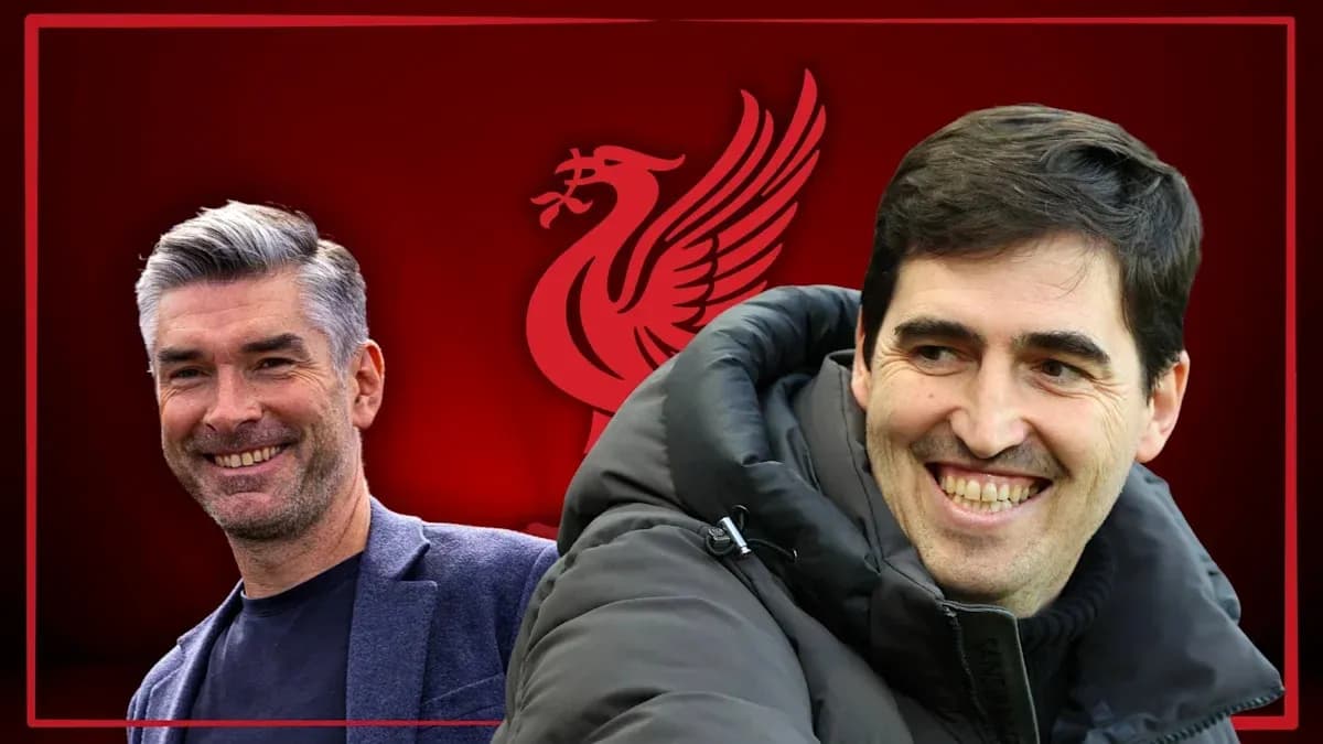 Two football coaches smiling with Liverpool logo background Two football coaches smiling with Liverpool logo background