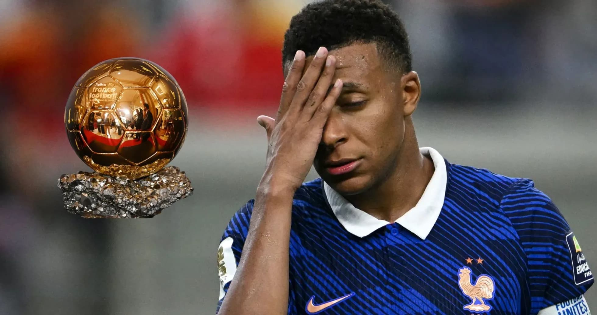 Player in France kit beside a Ballon d'Or trophy Player in France kit beside a Ballon d'Or trophy