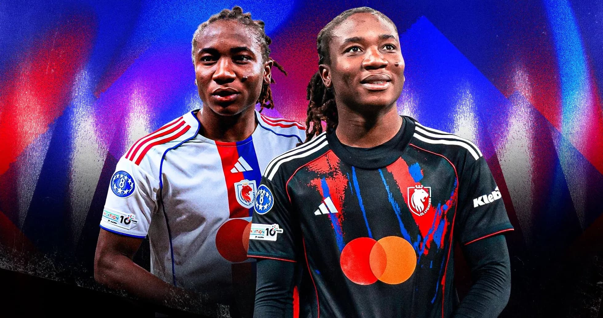 Two players in team jerseys against colorful background Two players in team jerseys against colorful background