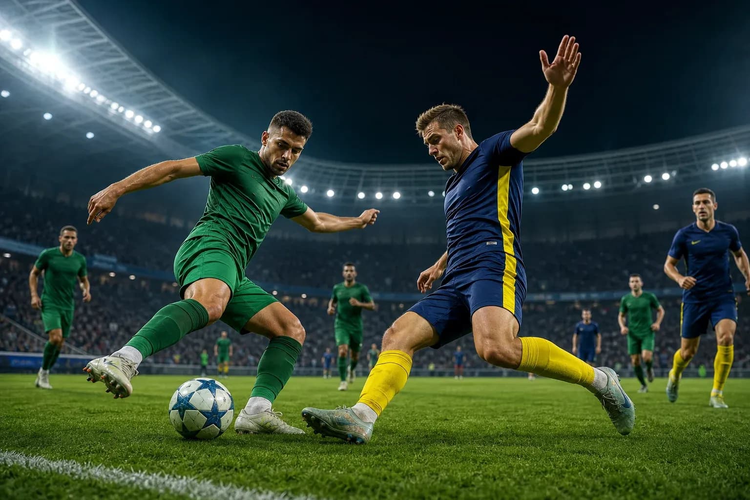 Players competing for the ball in Champions League match Players competing for the ball in Champions League match