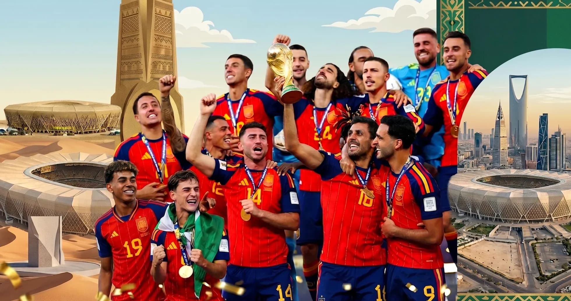 Spain national team celebrating with the trophy Spain national team celebrating with the trophy