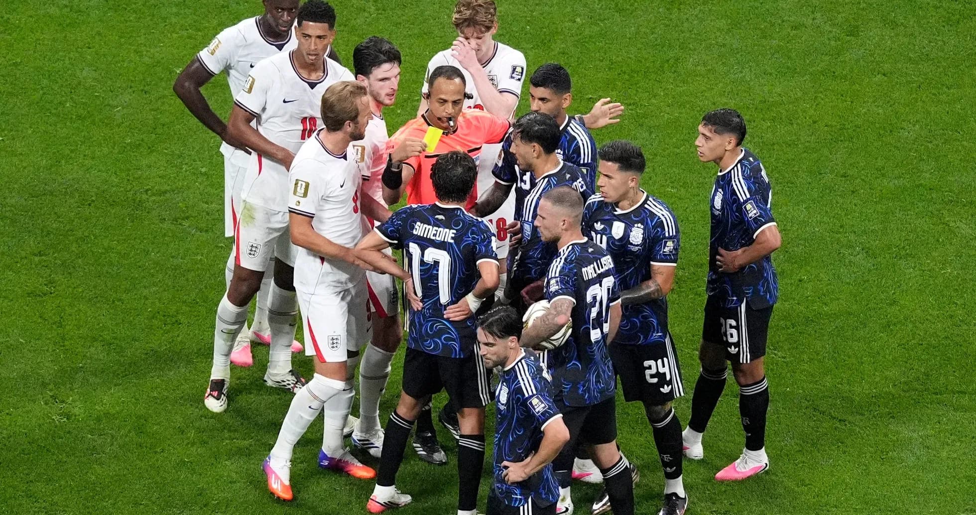 Players arguing with referee during World Cup match Players arguing with referee during World Cup match