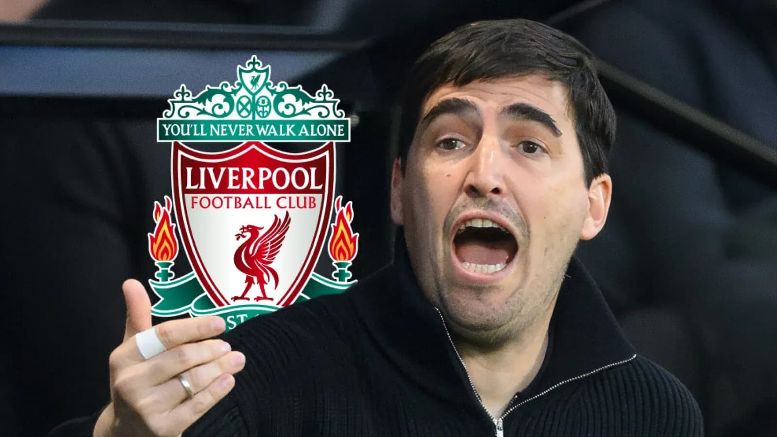 Coach passionately discussing tactics with Liverpool logo Coach passionately discussing tactics with Liverpool logo