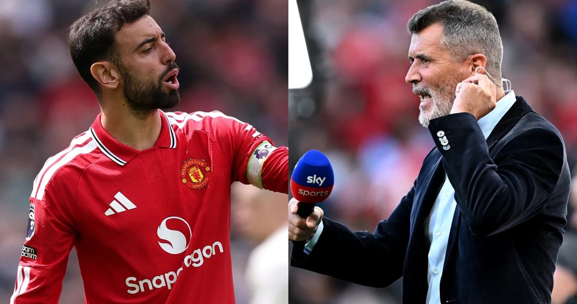 Bruno Fernandes and Roy Keane during a match commentary Bruno Fernandes and Roy Keane during a match commentary