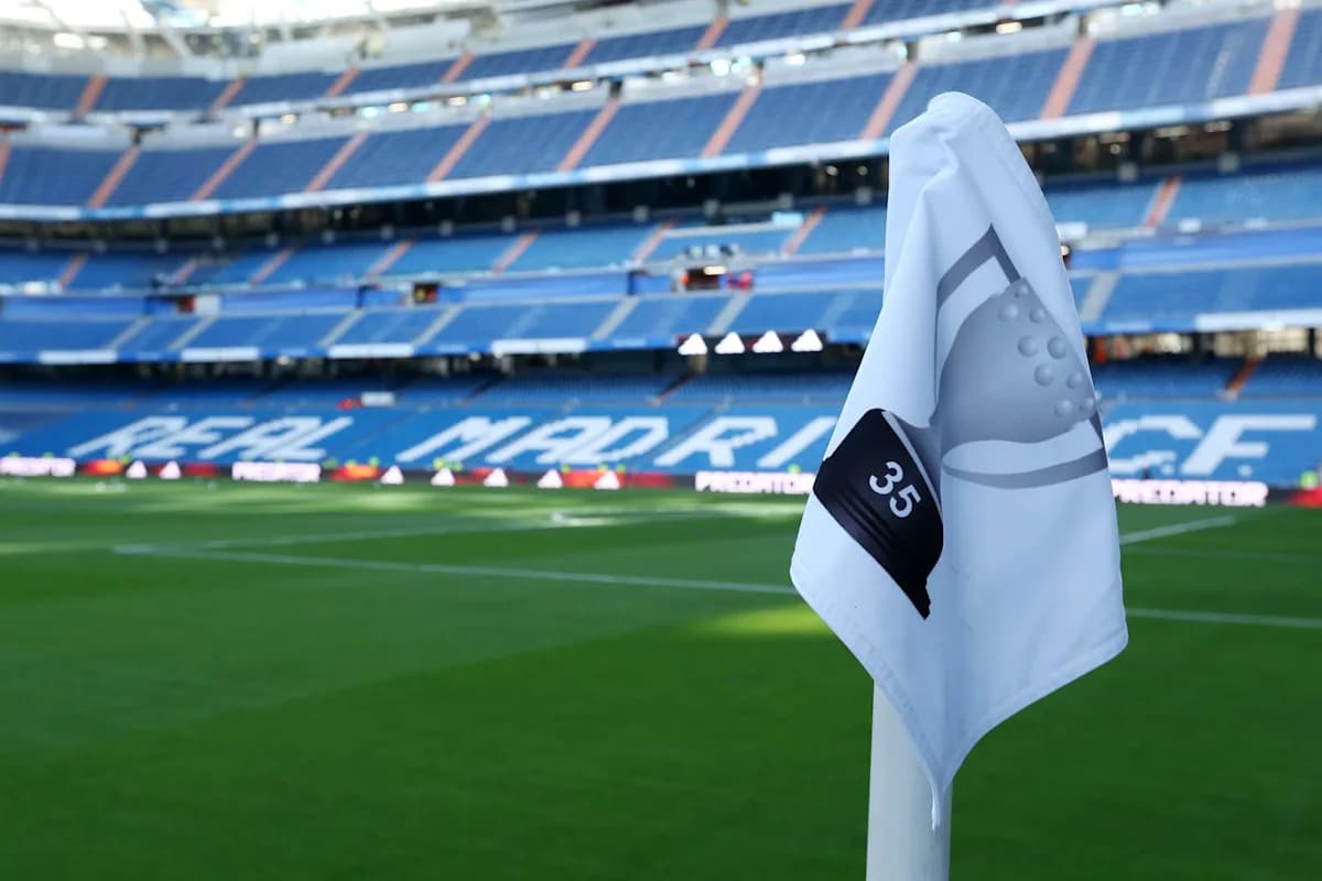 Corner flag at Real Madrid stadium before match Corner flag at Real Madrid stadium before match
